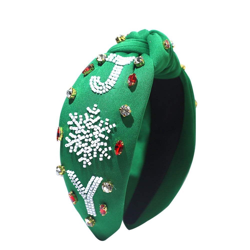 Wholesale Christmas Snowflake Rice Beads Rhinestone Wide Brim Fabric Headband